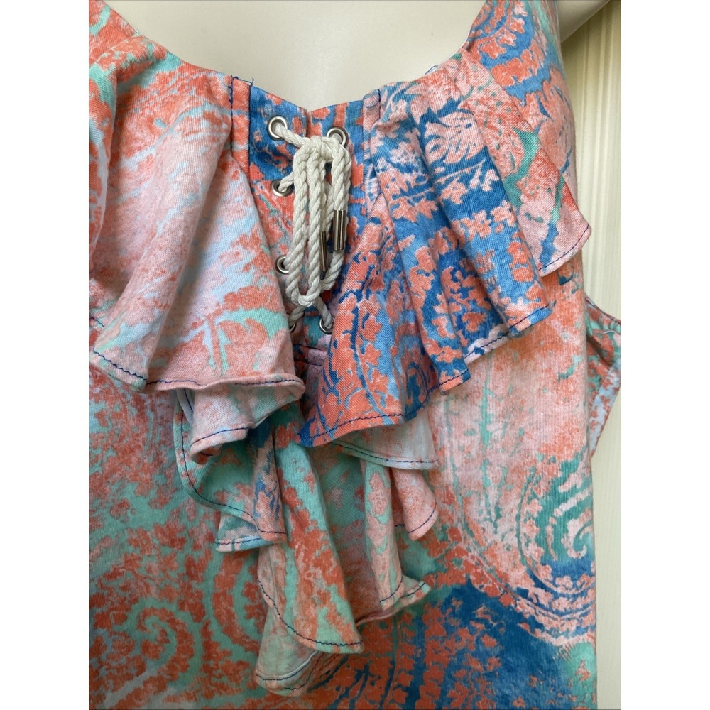 Ralph Lauren Jeans Cotton Dress XL Ruffle Drop Waist Boho Beachy Abstract pastel - Picture 7 of 8
